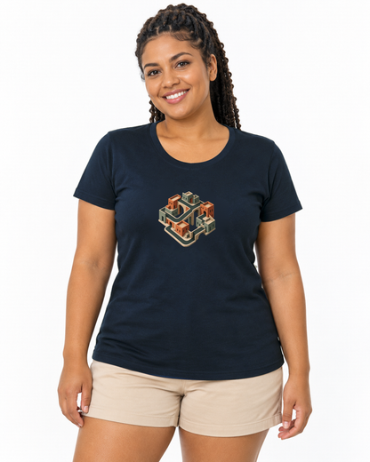 Quarteirão Infinito — camiseta algodão peruano Entrevoltas — modelo feminino — marinho — estúdio