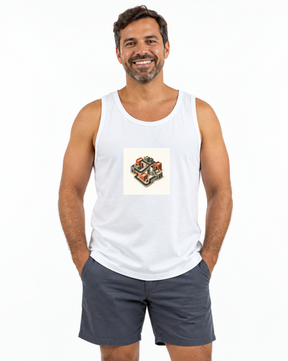 Quarteirão Infinito — regata unissex Entrevoltas — modelo masculino — branca — estúdio
