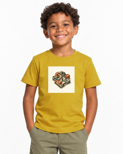 Quarteirão Infinito — camiseta infantil Entrevoltas — menino — amarela — estúdio