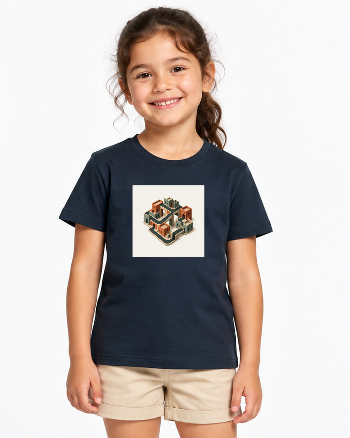 Quarteirão Infinito — camiseta infantil Entrevoltas — menina — azul-marinho — estúdio