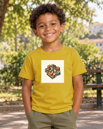 Quarteirão Infinito — camiseta infantil Entrevoltas — menino — amarela — lifestyle