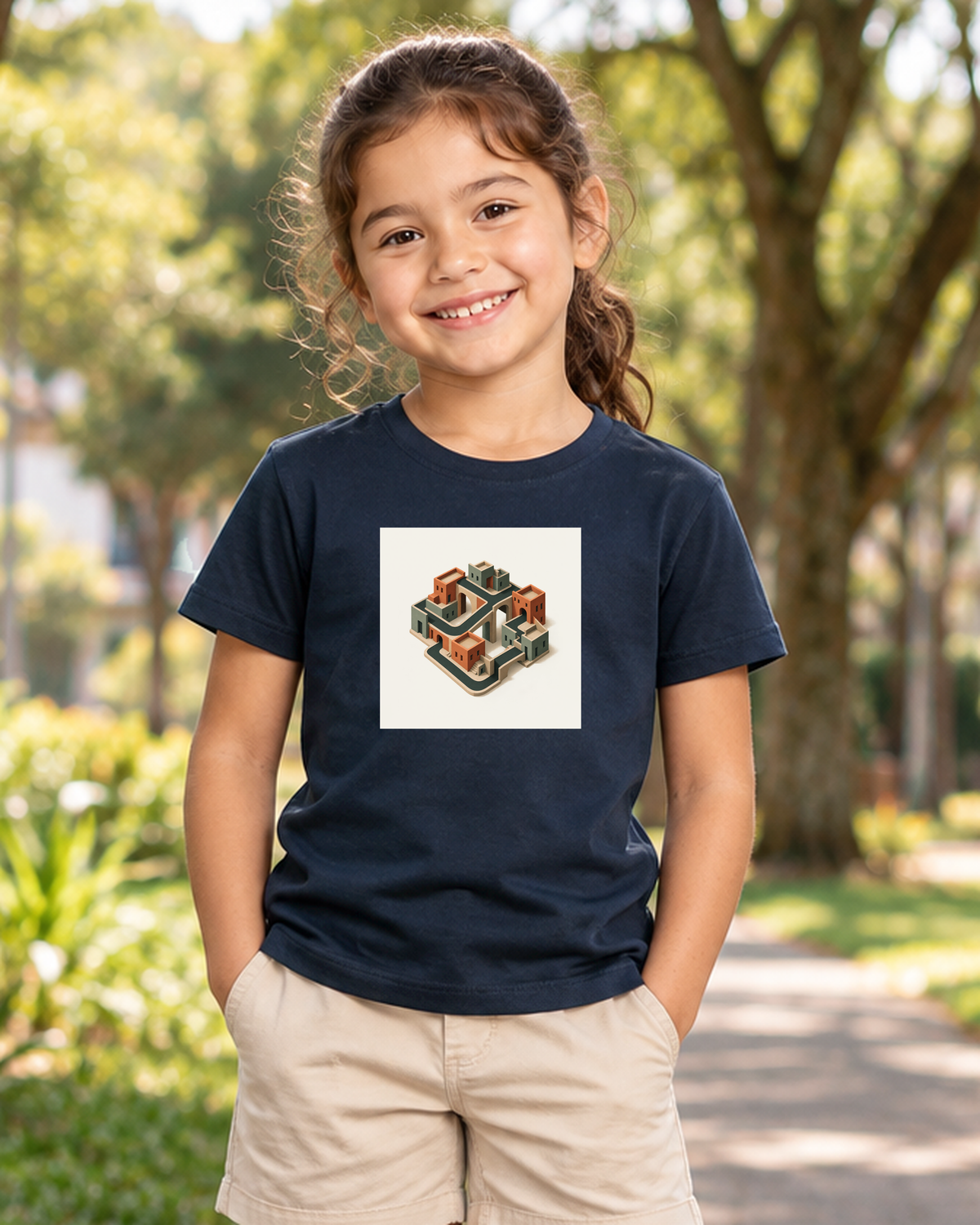 Quarteirão Infinito — camiseta infantil Entrevoltas — menina — azul-marinho — lifestyle
