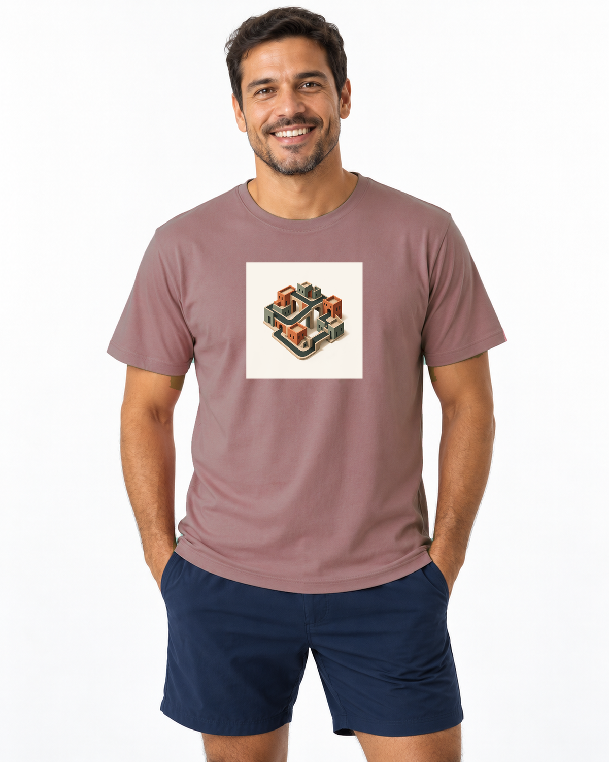 Quarteirão Infinito — camiseta unissex Entrevoltas — modelo masculino regular — rosa — estúdio