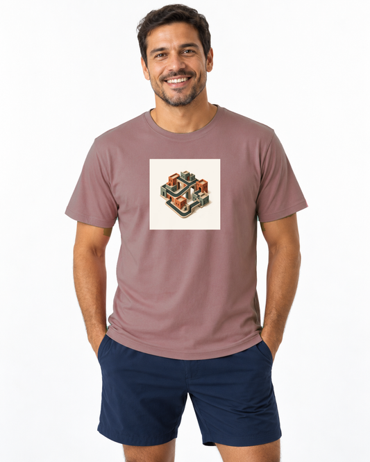 Quarteirão Infinito — camiseta unissex Entrevoltas — modelo masculino regular — rosa — estúdio
