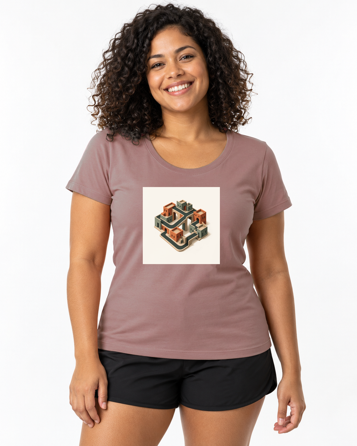 Quarteirão Infinito — camiseta unissex Entrevoltas — modelo feminino Baby Look — rosa — estúdio