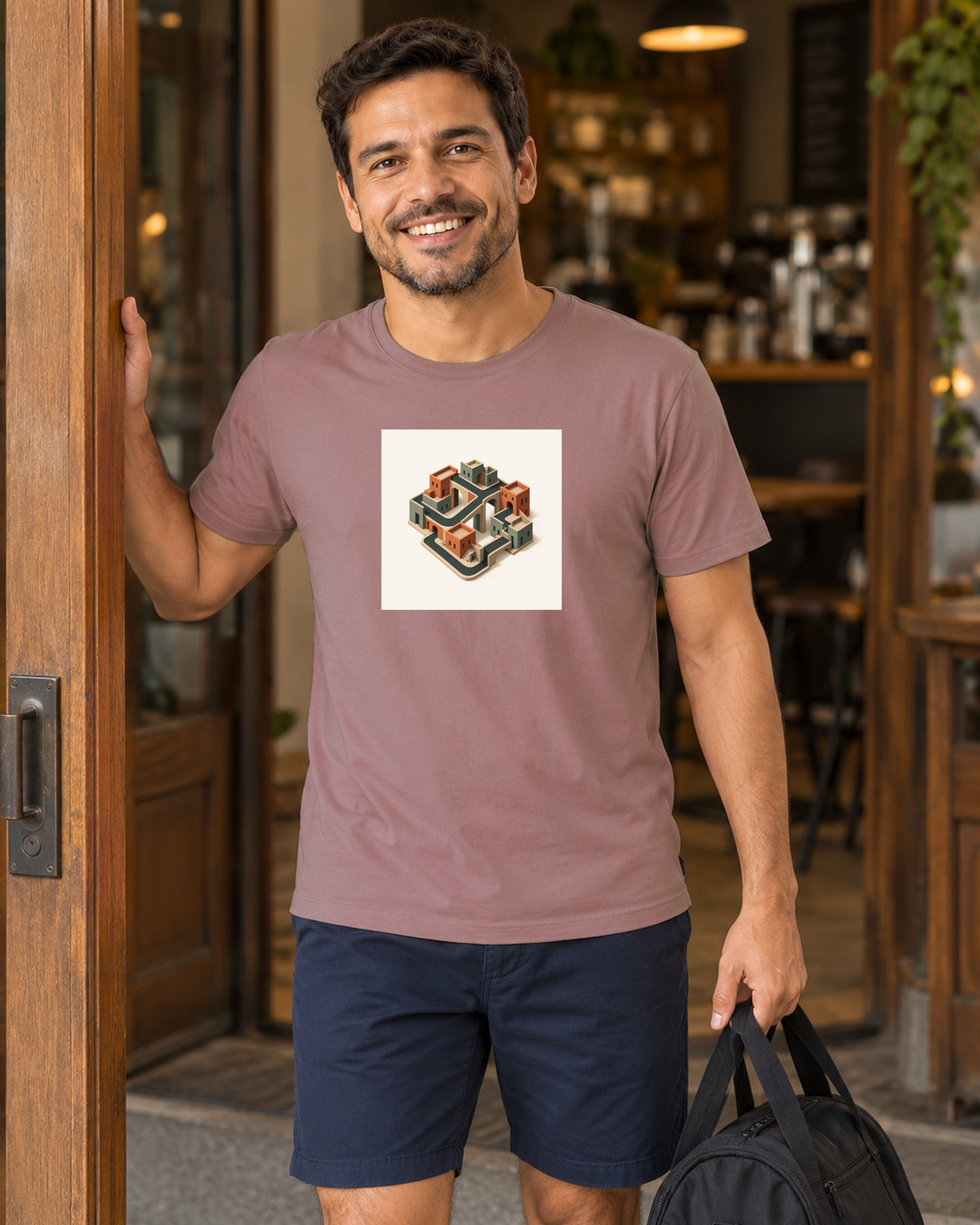 Quarteirão Infinito — camiseta unissex Entrevoltas — modelo masculino regular — rosa — lifestyle