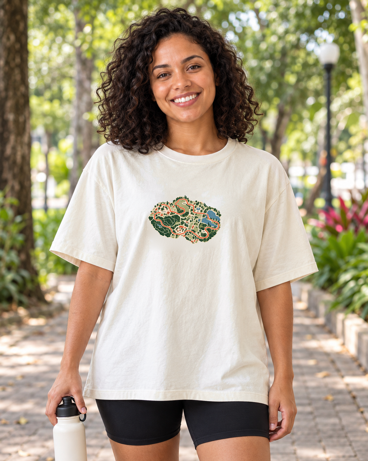 Mapa do Corre — camiseta oversized Entrevoltas — modelo feminino — off white — lifestyle
