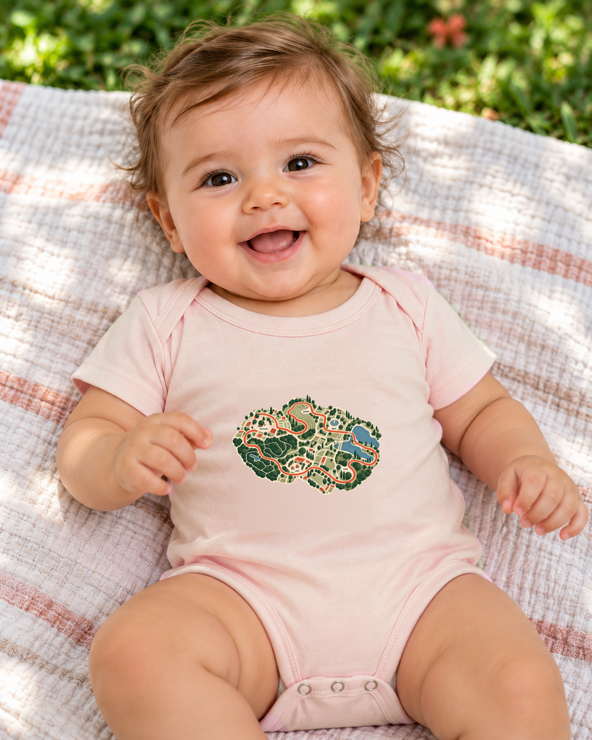 Mapa do Corre — body infantil Entrevoltas — rosa bebê — lifestyle