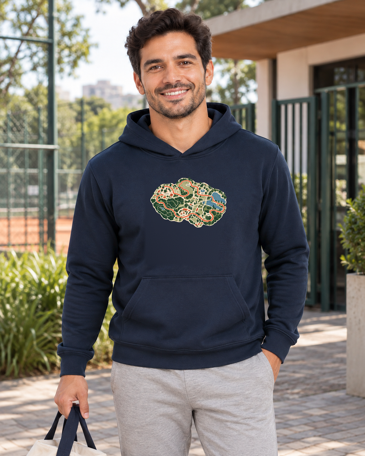 Mapa do Corre — hoodie moletom Entrevoltas — modelo masculino — marinho — lifestyle