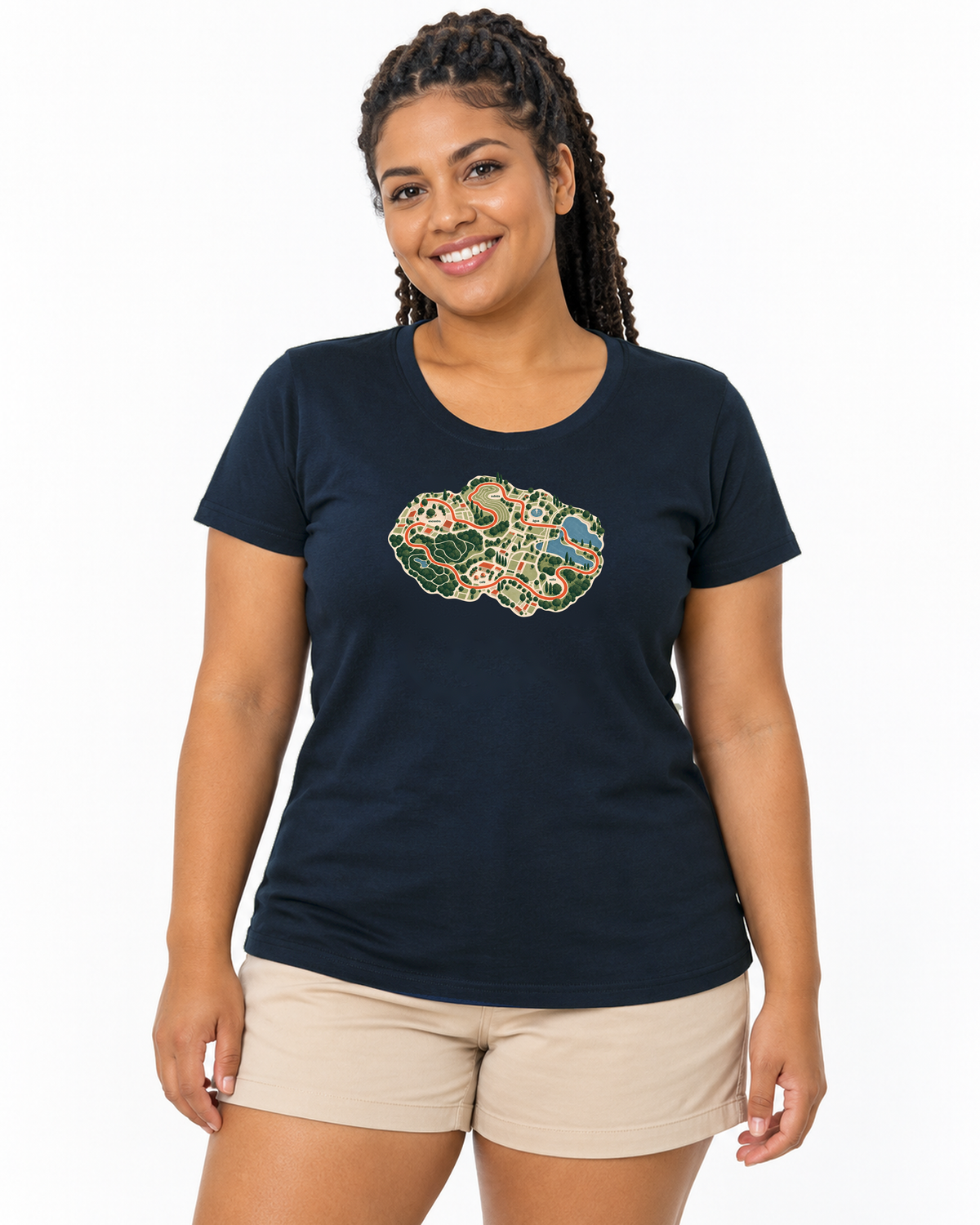 Mapa do Corre — camiseta algodão peruano Entrevoltas — modelo feminino — marinho — estúdio