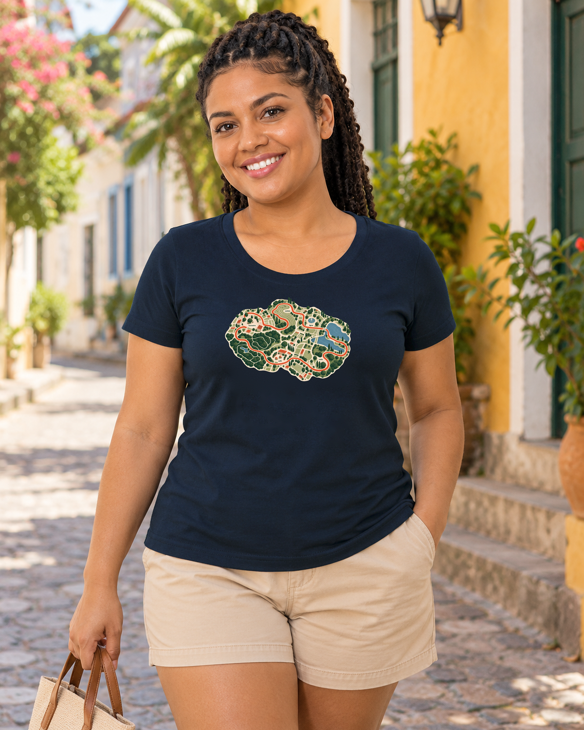 Mapa do Corre — camiseta algodão peruano Entrevoltas — modelo feminino — marinho — lifestyle