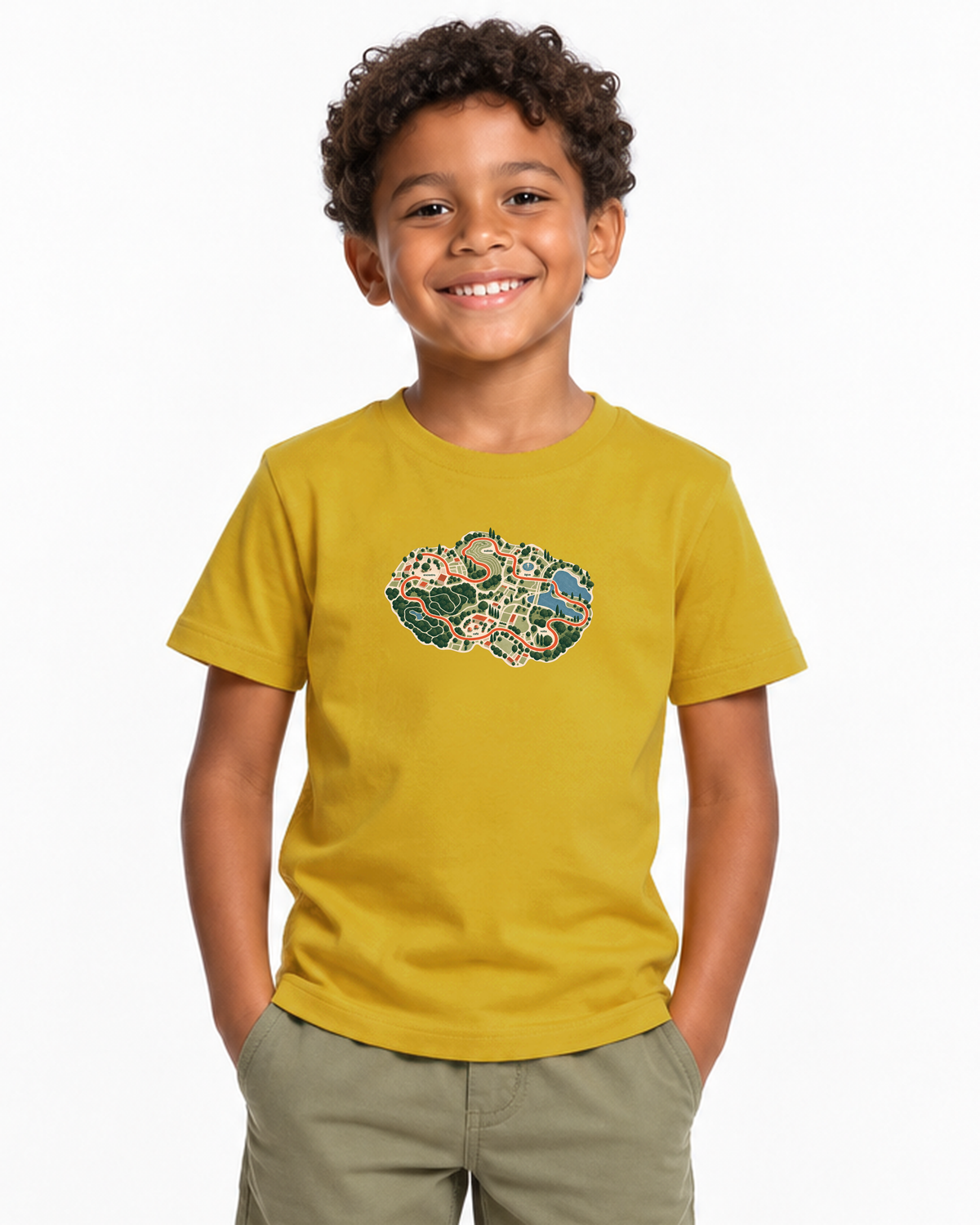 Mapa do Corre — camiseta infantil Entrevoltas — amarelo — estúdio