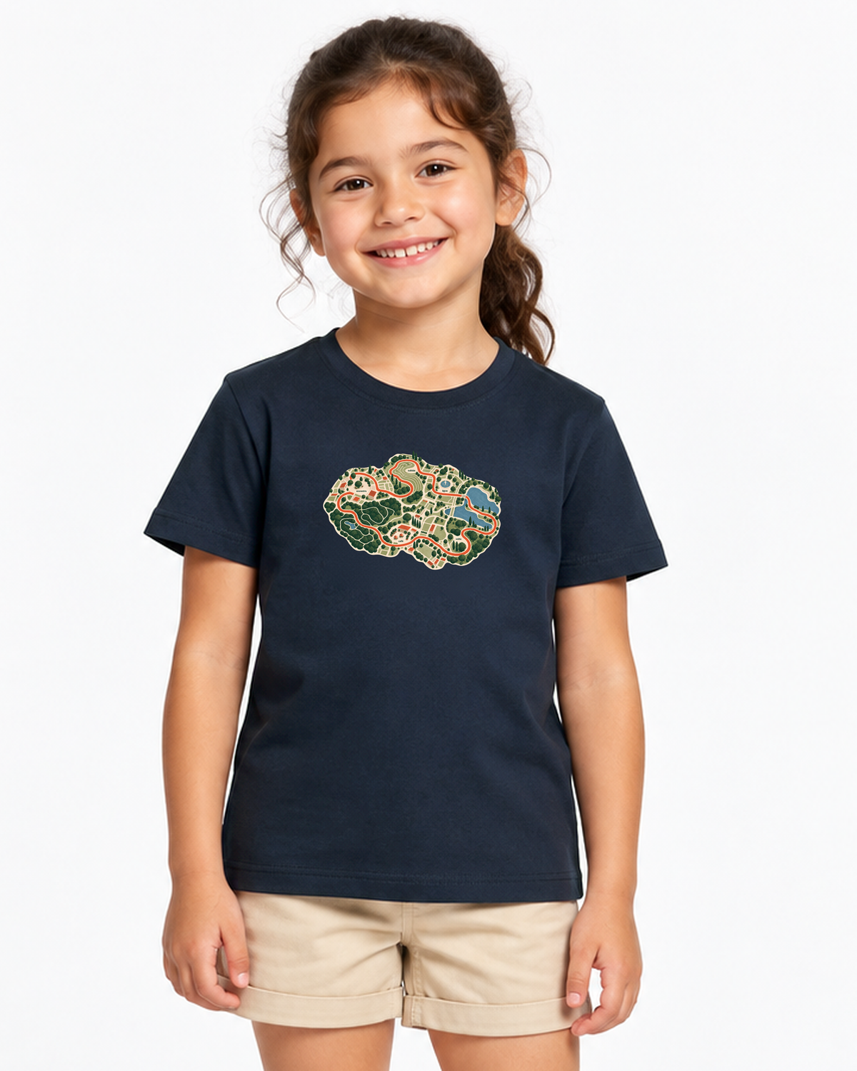 Mapa do Corre — camiseta infantil Entrevoltas — marinho — estúdio