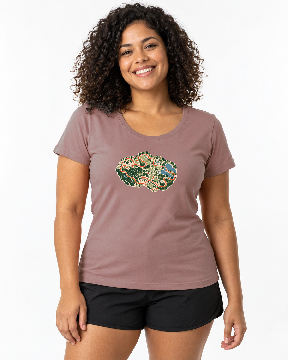 Mapa do Corre — camiseta unissex Entrevoltas — modelo feminino — rosa — estúdio