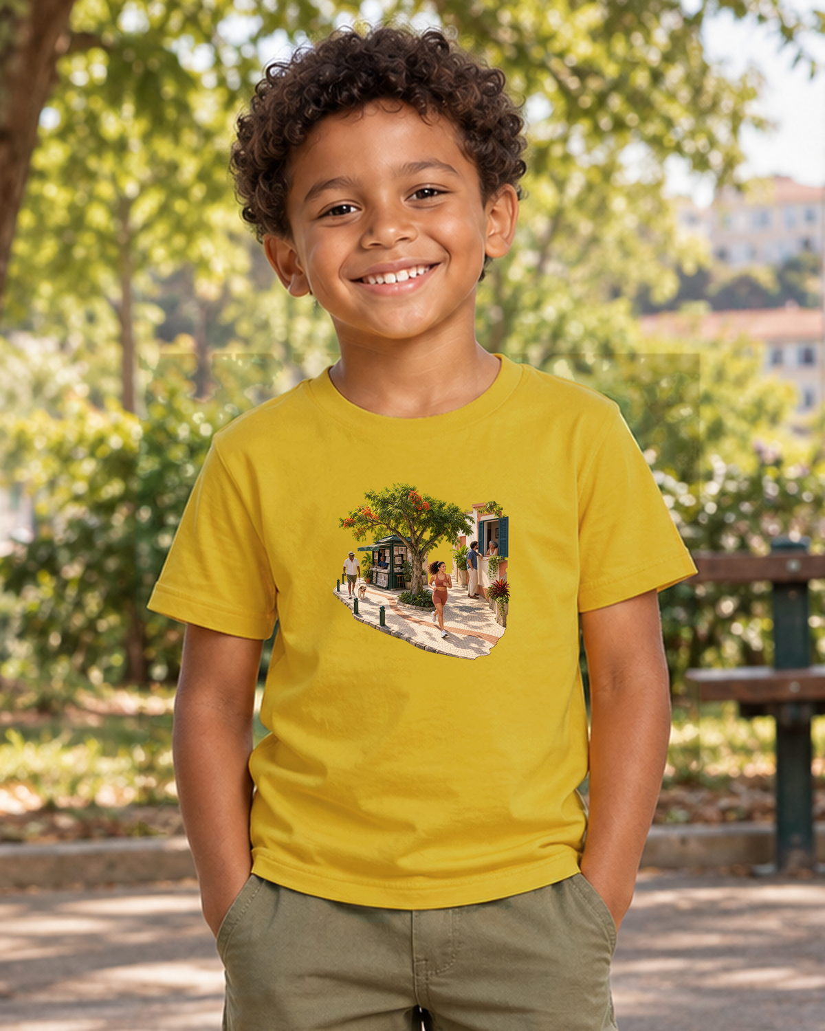 Calçada Viva — Camiseta Infantil Entrevoltas — menino — amarelo — ambiente