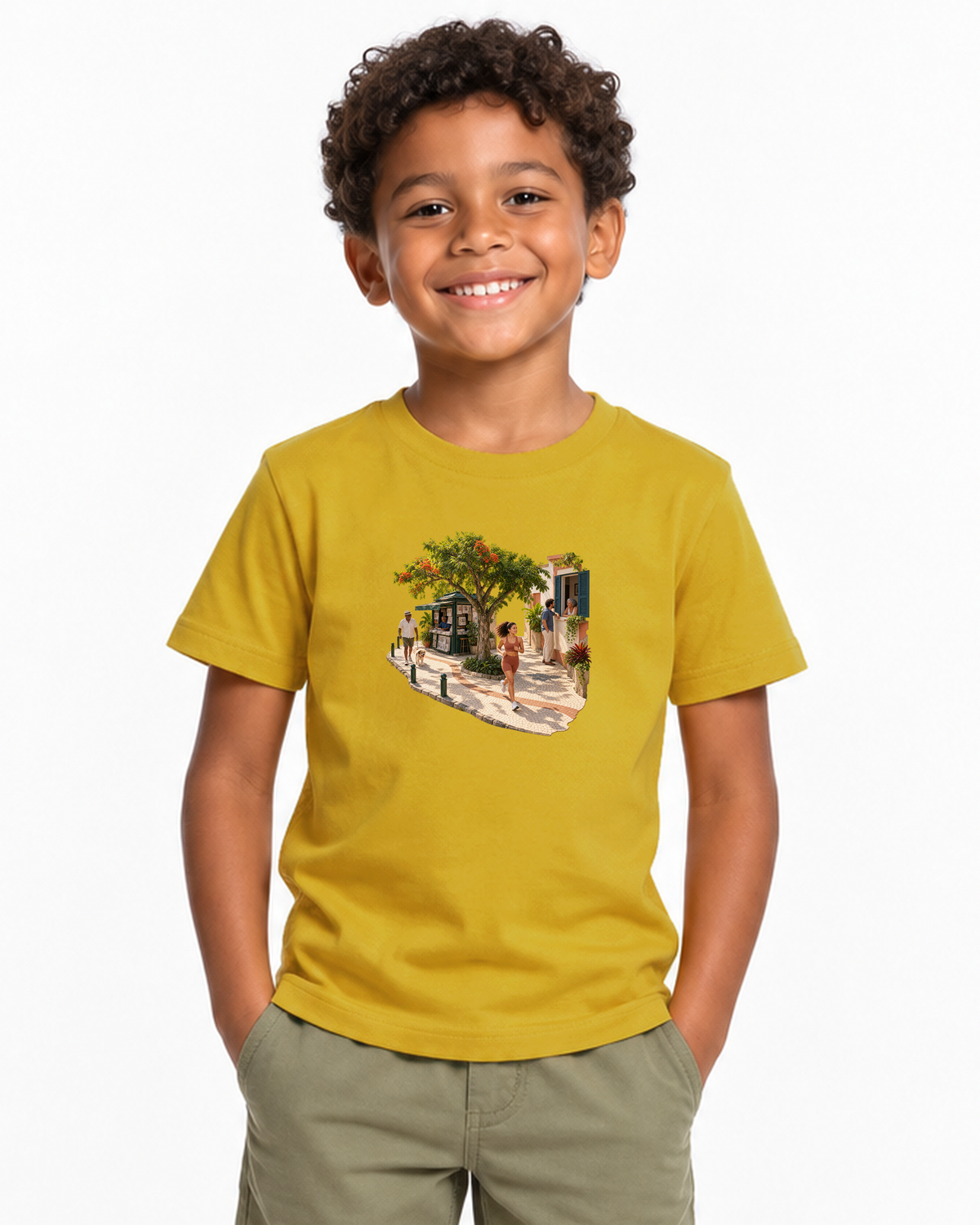 Calçada Viva — Camiseta Infantil Entrevoltas — menino — amarelo — estúdio
