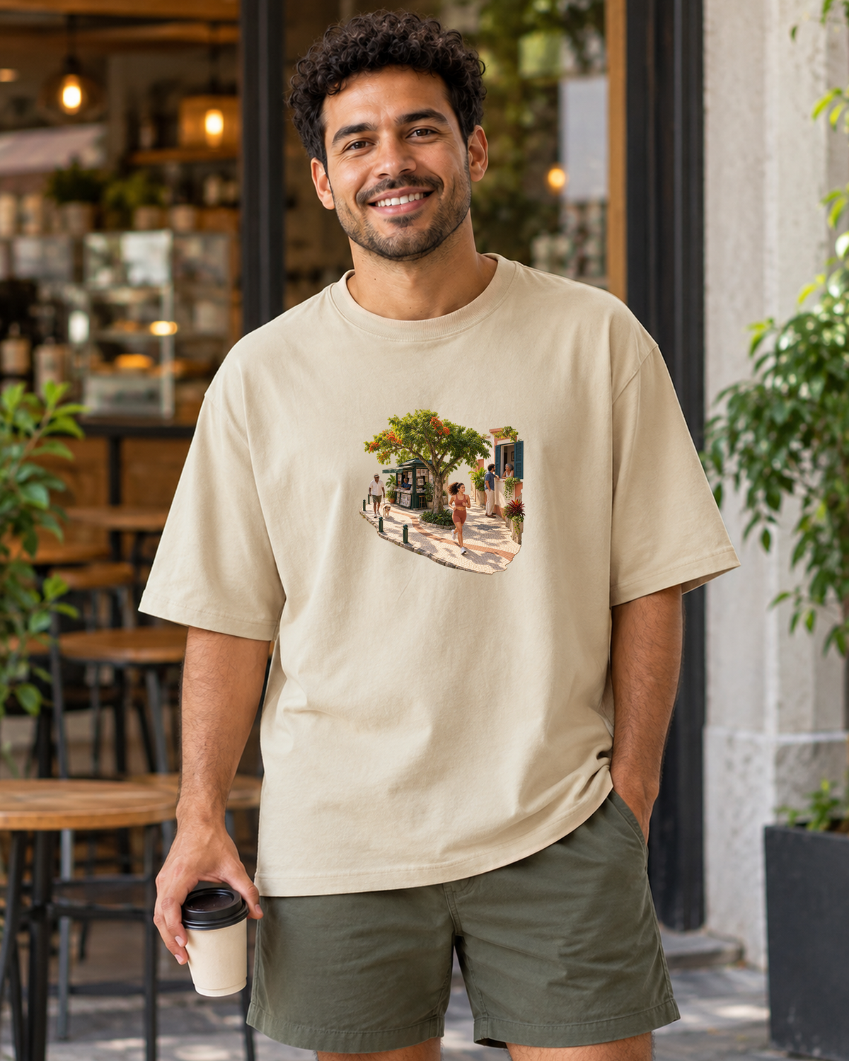 Calçada Viva — Camiseta Oversized Entrevoltas — masculino — areia — ambiente