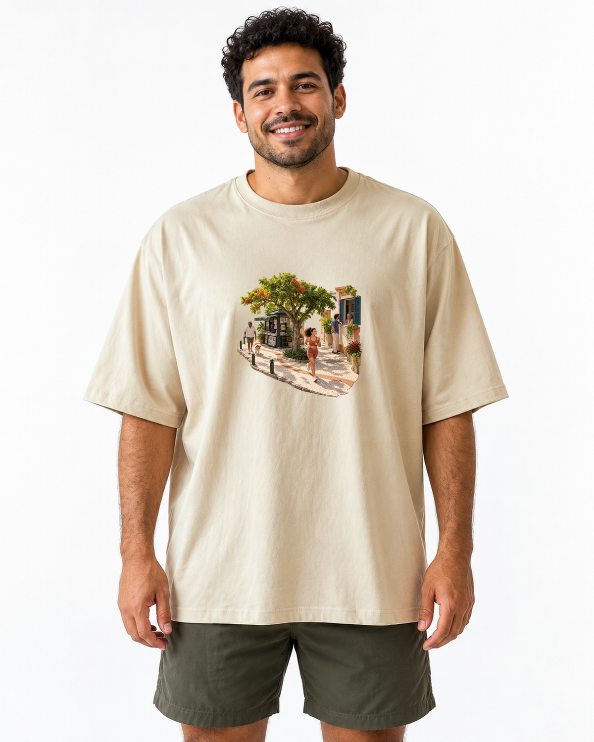Calçada Viva — Camiseta Oversized Entrevoltas — masculino — areia — estúdio
