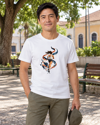 Camiseta Algodão Peruano - Dentro da Maratona, cor Branca, modelo masculino, ambiente