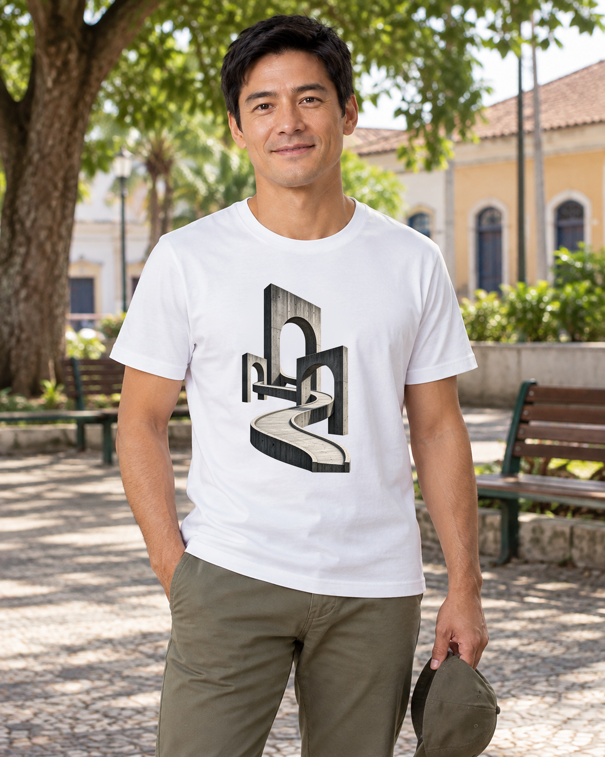 Camiseta Algodão Peruano - Horizonte de Concreto, cor Branca, modelo masculino, ambiente