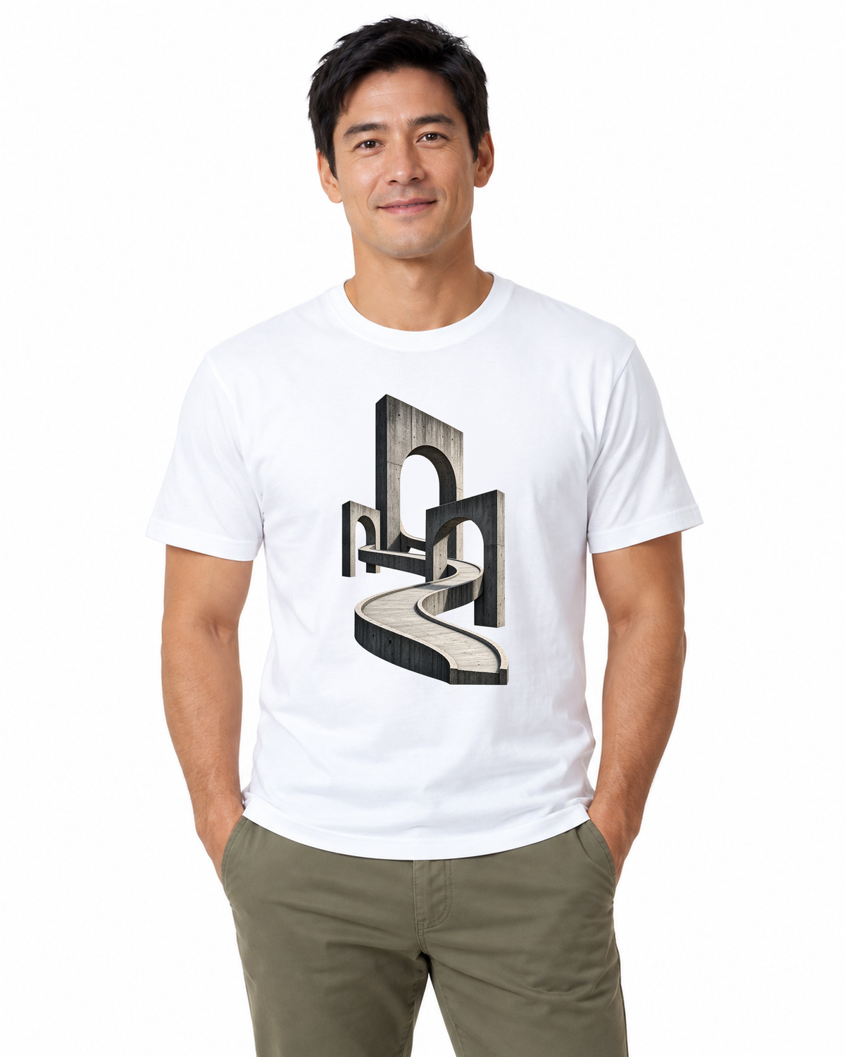 Camiseta Algodão Peruano - Horizonte de Concreto, cor Branca, modelo masculino, estúdio