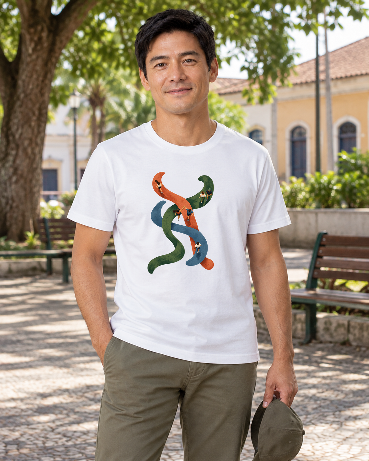 Camiseta Algodão Peruano - Rotas que se Cruzam, cor Branca, modelo masculino, ambiente