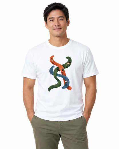 Camiseta Algodão Peruano - Rotas que se Cruzam, cor Branca, modelo masculino, estúdio