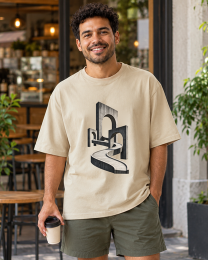 Camiseta Oversized - Horizonte de Concreto, cor Areia, modelo masculino, ambiente