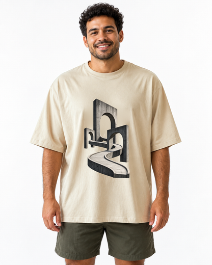 Camiseta Oversized - Horizonte de Concreto, cor Areia, modelo masculino, estúdio