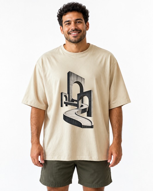 Camiseta Oversized - Horizonte de Concreto, cor Areia, modelo masculino, estúdio
