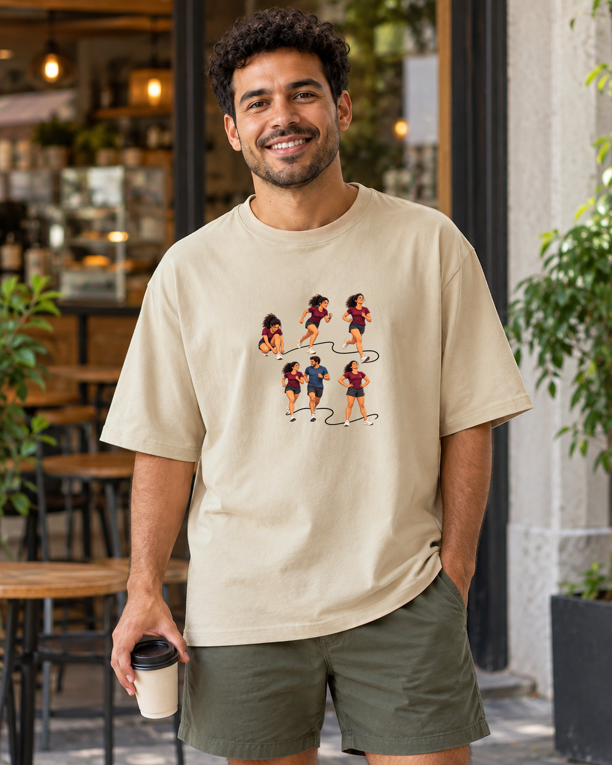 Camiseta Oversized - Primeiro 5K, cor Areia, modelo masculino, ambiente