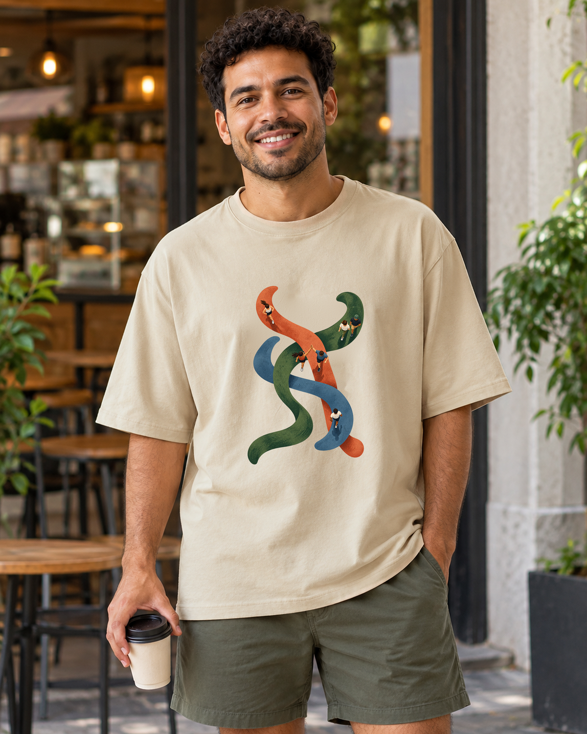 Camiseta Oversized - Rotas que se Cruzam, cor Areia, modelo masculino, ambiente