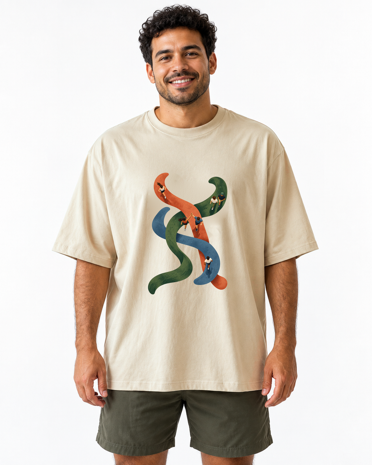 Camiseta Oversized - Rotas que se Cruzam, cor Areia, modelo masculino, estúdio
