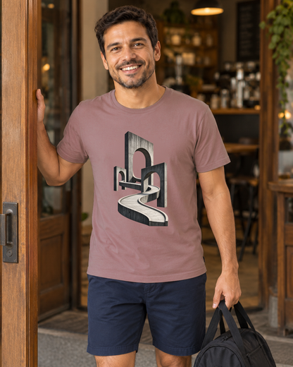 Camiseta Unissex - Horizonte de Concreto, cor Rosa, modelo masculino, ambiente