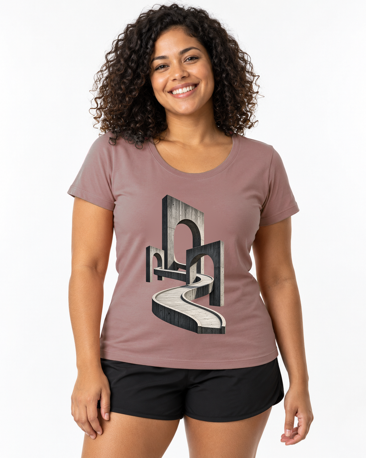 Camiseta Unissex - Horizonte de Concreto, cor Rosa, modelo feminino, estúdio