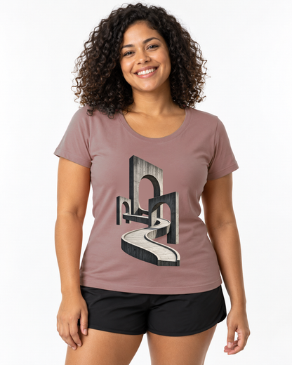 Camiseta Unissex - Horizonte de Concreto, cor Rosa, modelo feminino, estúdio
