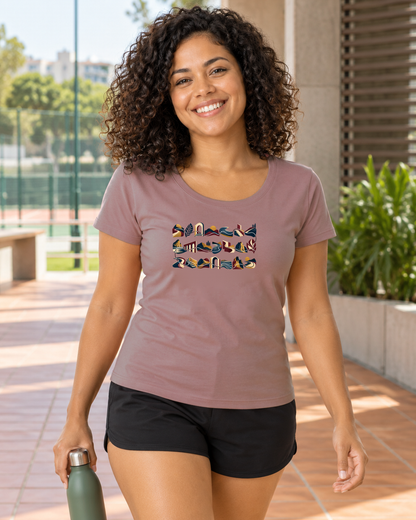 Camiseta Unissex - Meia História, cor Rosa, modelo feminino, ambiente