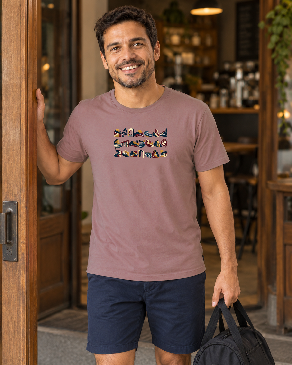 Camiseta Unissex - Meia História, cor Rosa, modelo masculino, ambiente