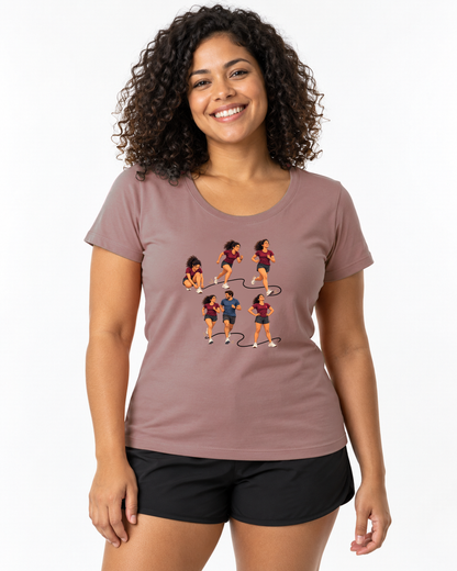 Camiseta Unissex - Primeiro 5K, cor Rosa, modelo feminino, estúdio