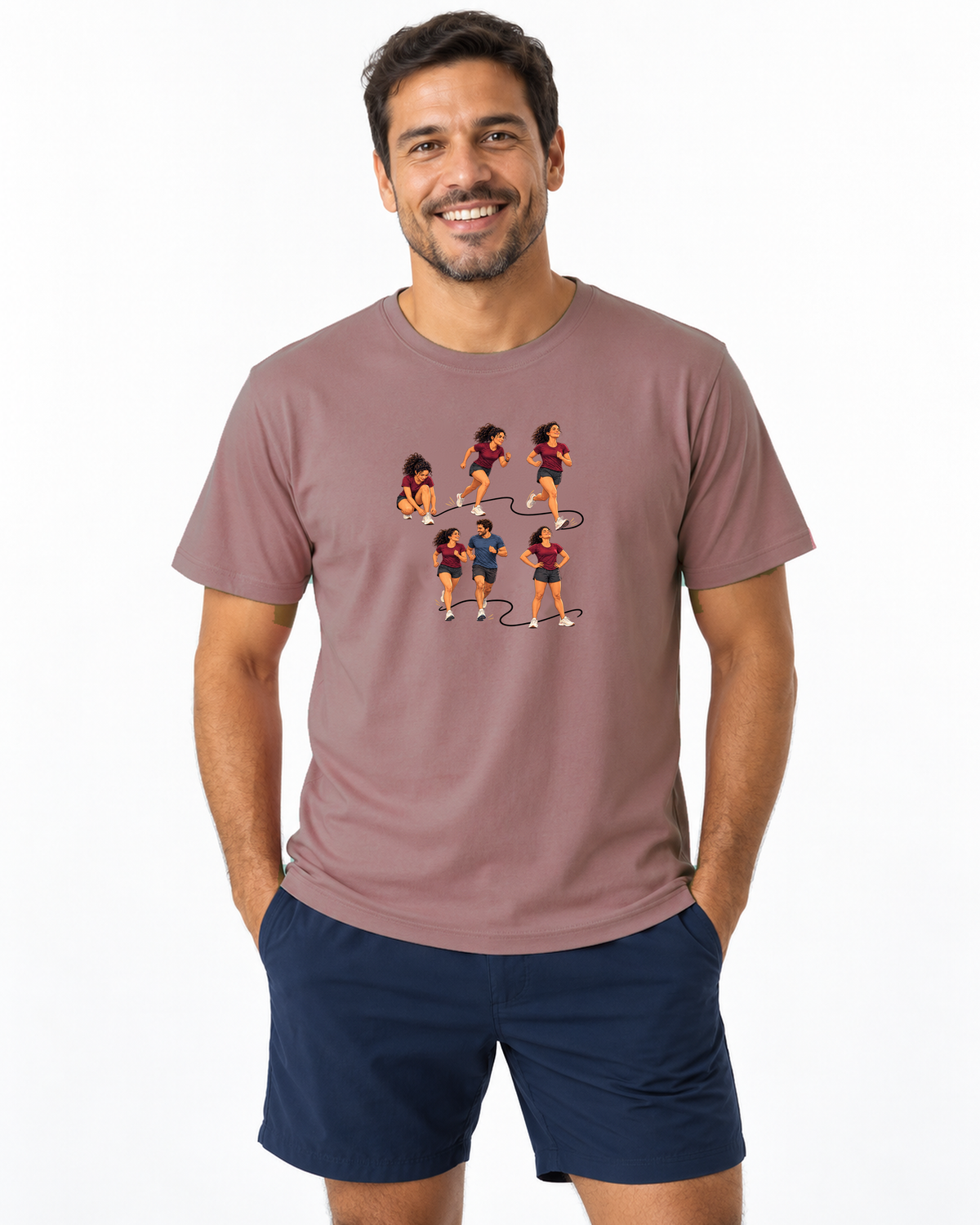 Camiseta Unissex - Primeiro 5K, cor Rosa, modelo masculino, estúdio