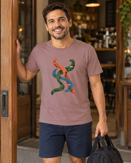 Camiseta Unissex - Rotas que se Cruzam, cor Rosa, modelo masculino, ambiente