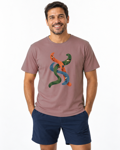 Camiseta Unissex - Rotas que se Cruzam, cor Rosa, modelo masculino, estúdio