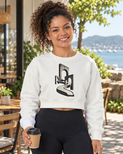 Cropped Moletom - Horizonte de Concreto, cor Branca, modelo feminino, ambiente