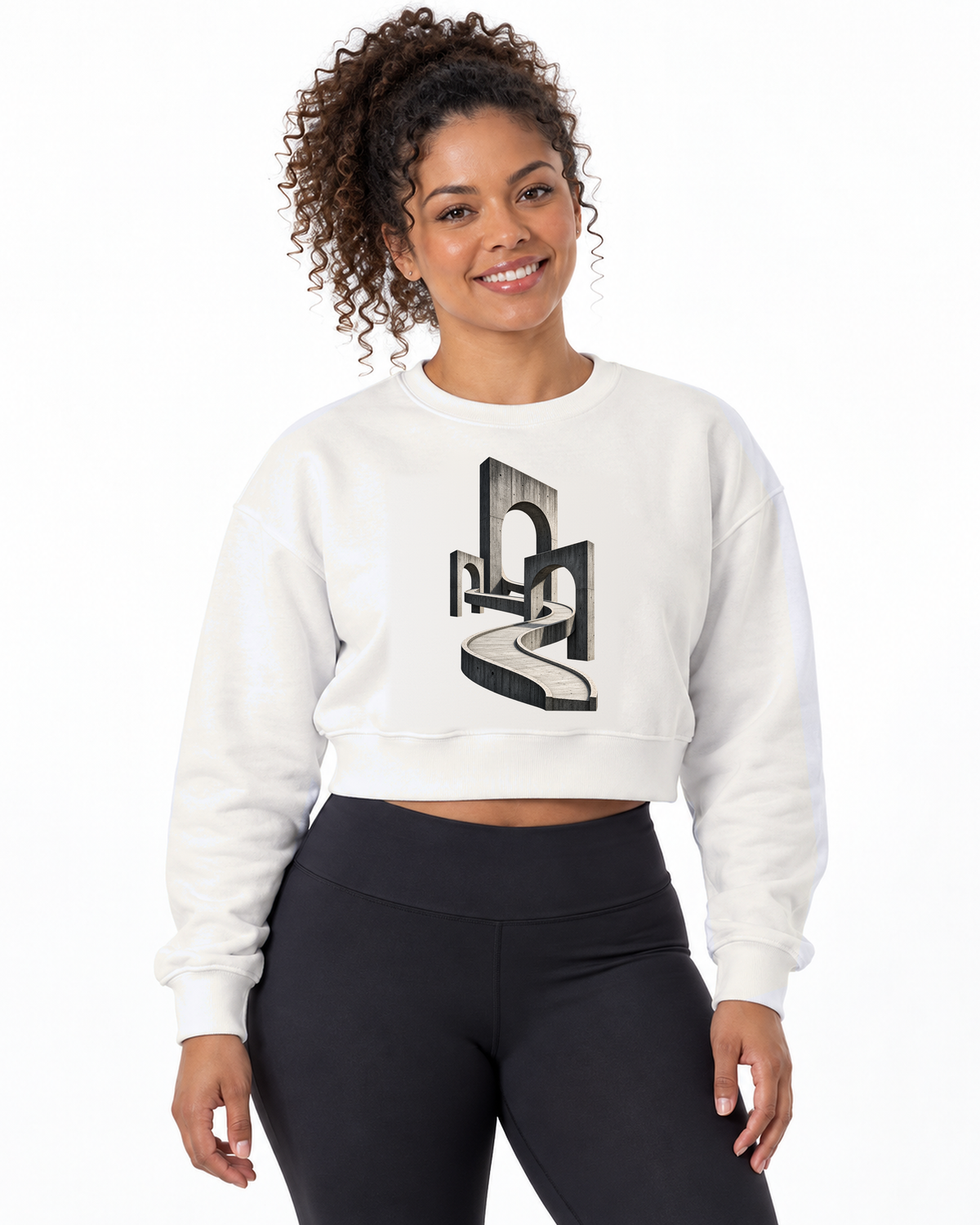 Cropped Moletom - Horizonte de Concreto, cor Branca, modelo feminino, estúdio