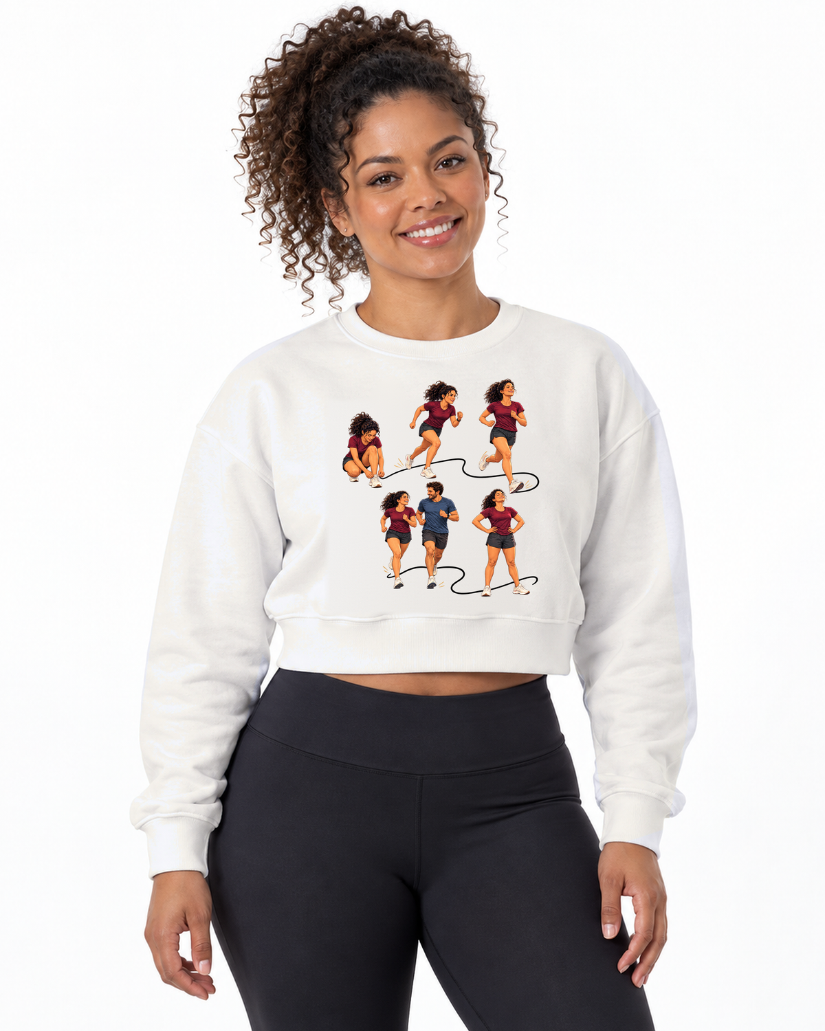 Cropped Moletom - Primeiro 5K, cor Branca, modelo feminino, estúdio