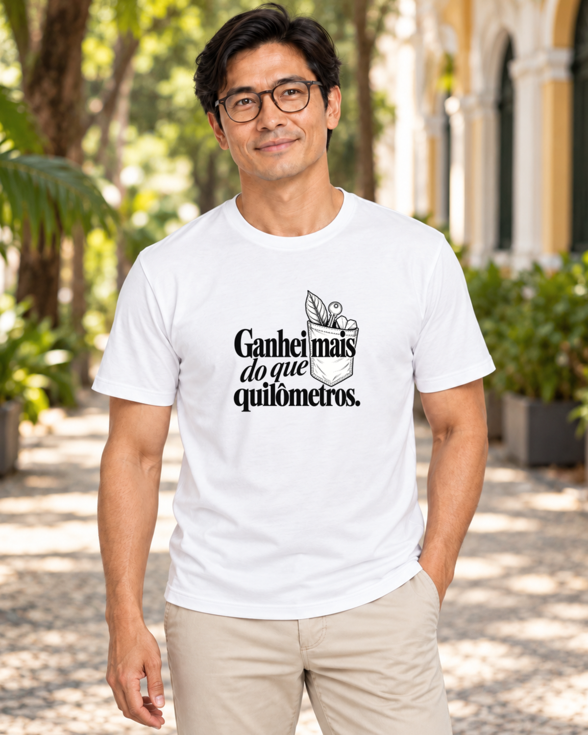 Homem com camiseta branca Conquista de Rua em ambiente externo.