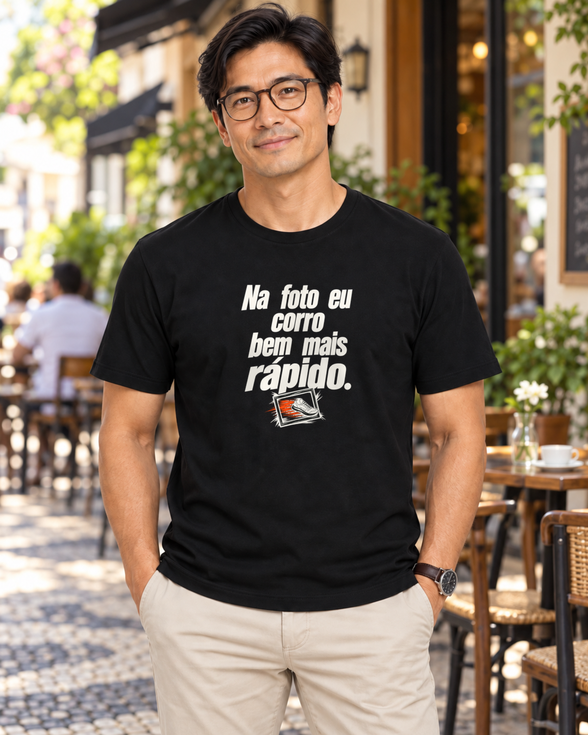 Homem com camiseta preta Na Hora da Foto em ambiente externo.