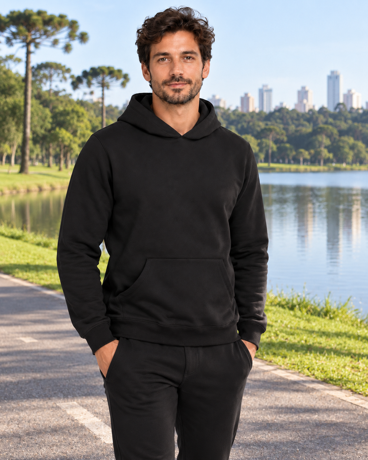Hoodie Essencial Entrevoltas liso Preta – modelo em cenário ilustrativo de Barigui