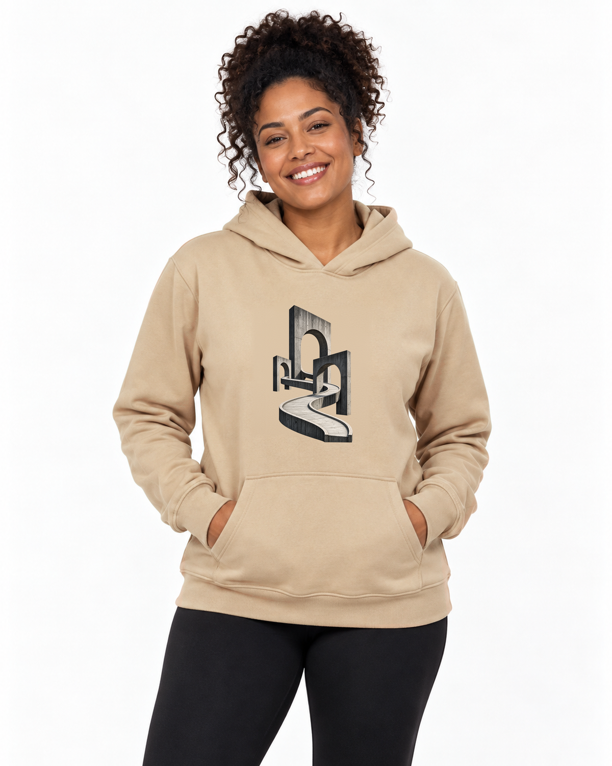 Hoodie Moletom - Horizonte de Concreto, cor Bege, modelo feminino, estúdio