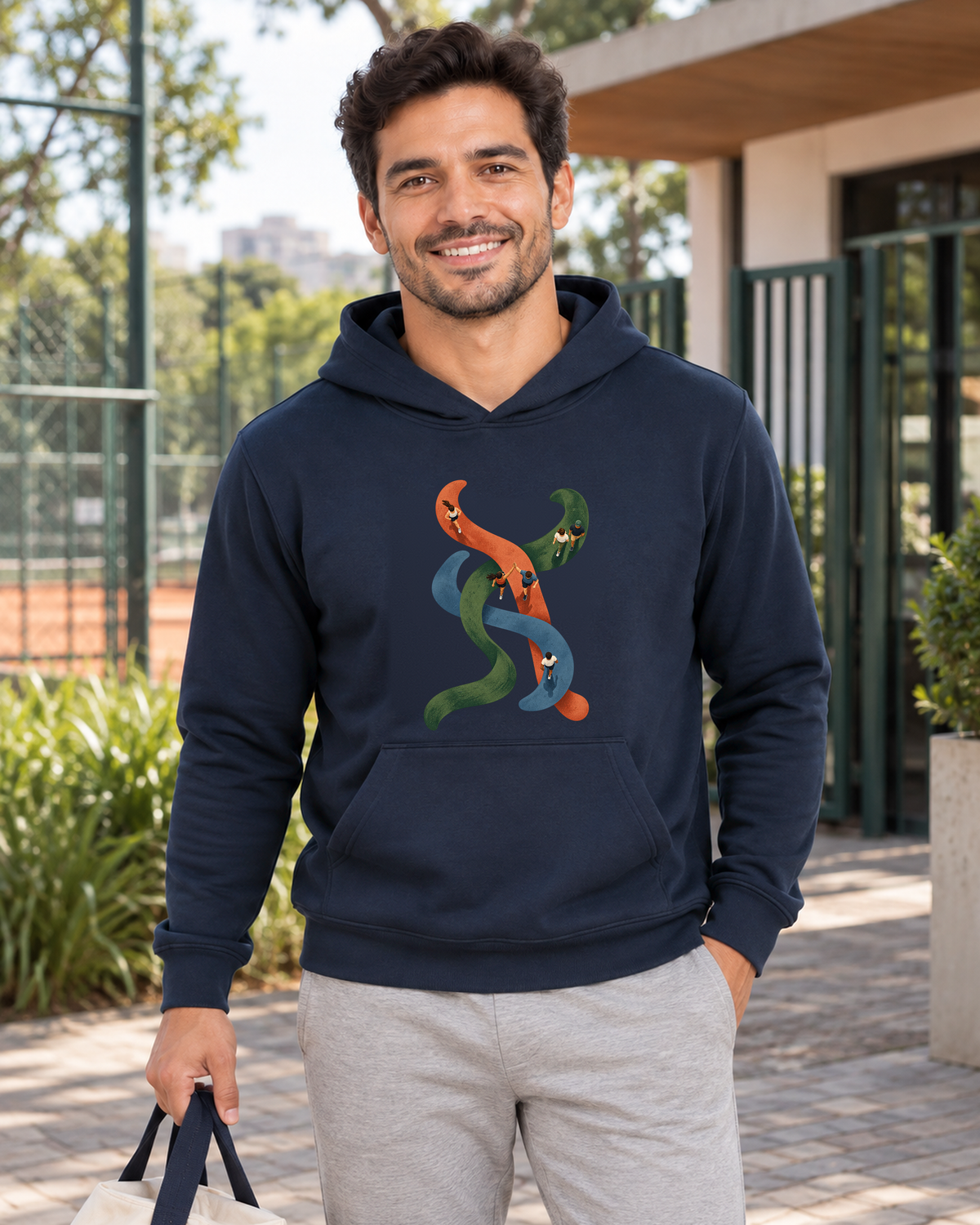 Hoodie Moletom - Rotas que se Cruzam, cor Marinho, modelo masculino, ambiente